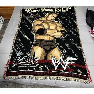 Vtg WWF The Rock Woven Tapestry Throw Blanket Dwayne Johnson Know Your Role